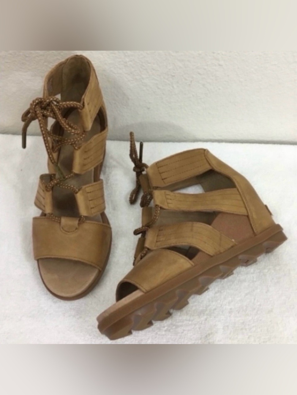 Sorel Women Camel Brown Leather Joanie II Lace Up Platform Wedge Sandal Size 9.5
